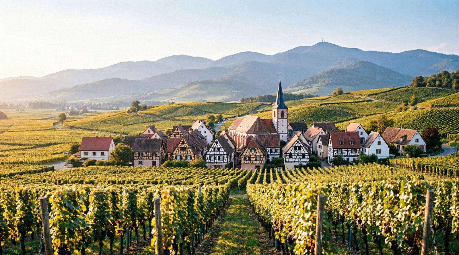 Panorama du paysage alsacien : vignobles, village à colombages et montagnes des Vosges au coucher du soleil